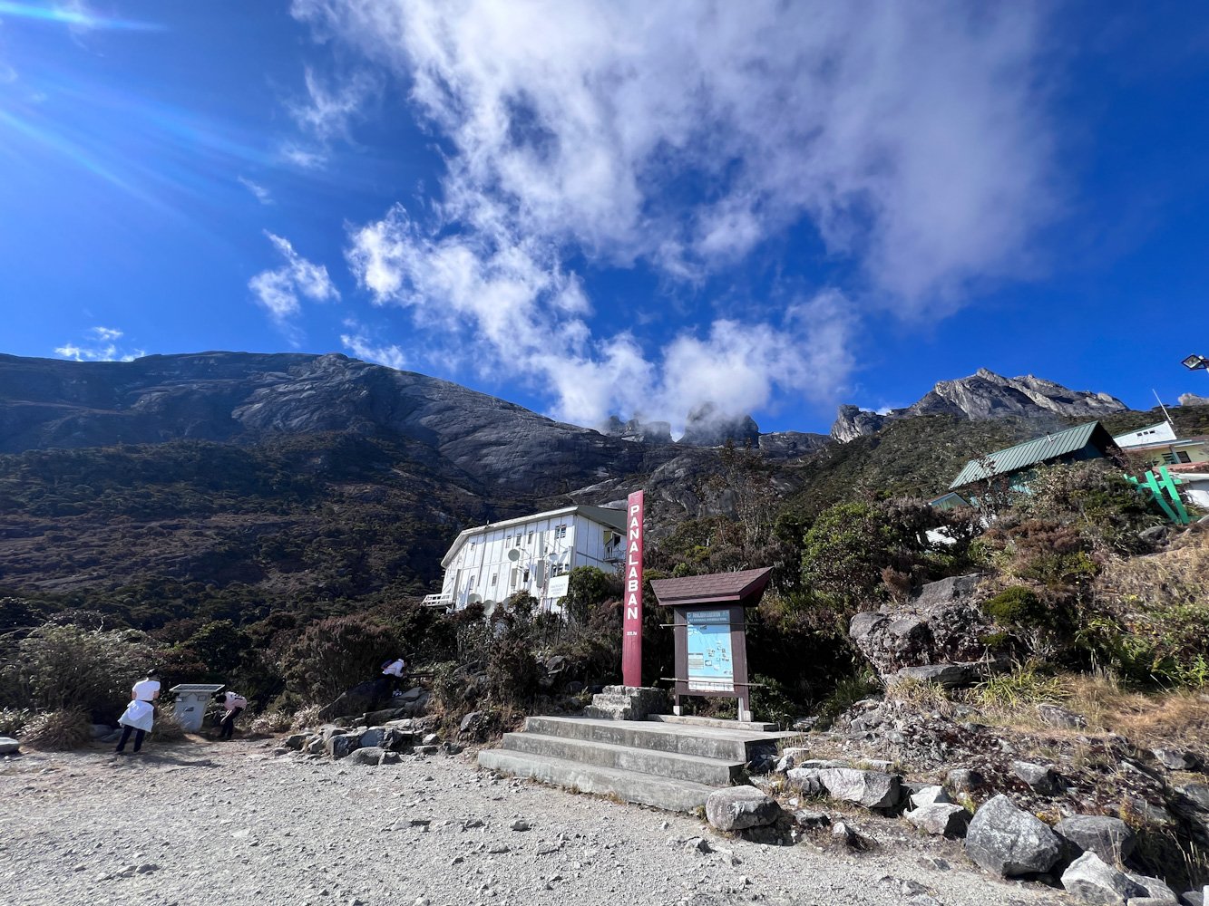 Panalaban Base Camp sign at helipad with Laban Rata resthouse and Mount Kinabalu dramatic granite peaks against clear blue sky, Sabah Borneo. © SlowingwithT.com