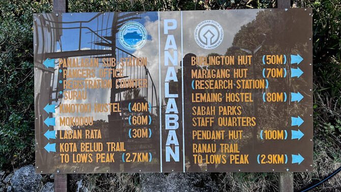 Wooden directory sign at Panalaban Base Camp showing distances in metres to hostels, rest houses, and summit trail points on Mount Kinabalu. © SlowingwithT.com